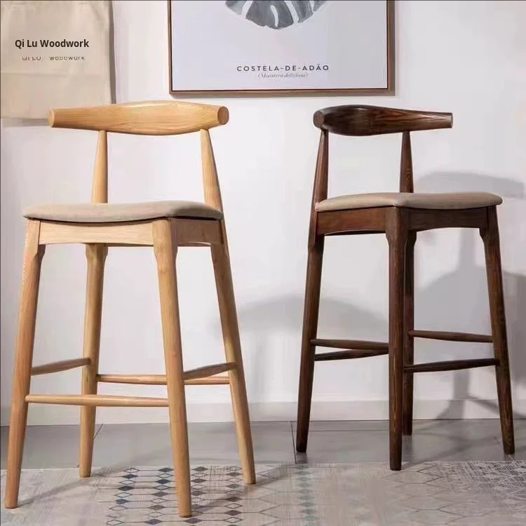 

Modern Design Solid Wood Bar Chair Backrest Japanese Restaurant Nordic High Stool Leisure Bar Chair Horn Back High Leg Bar