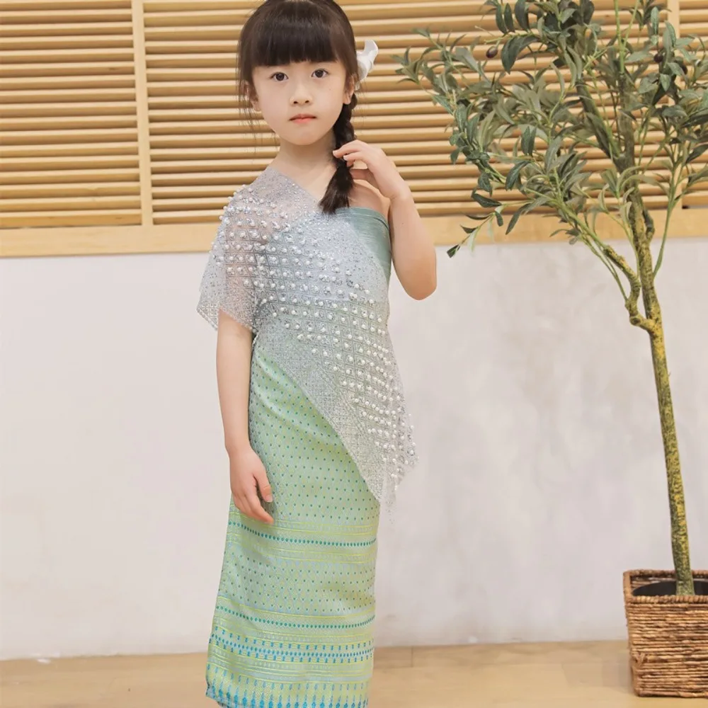 Thailand Style Dai Festival Costume Long Skirt Ethnic Thai Traditional Costume Gilded Yarn Waist Chain Thailand Suit Top Skirt