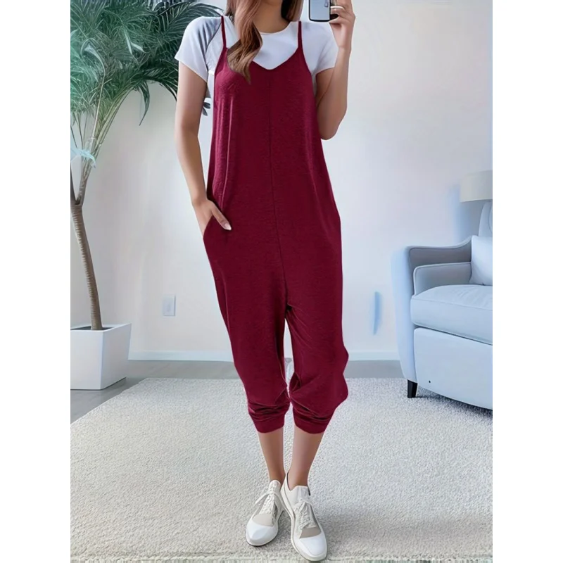 

Versatile Solid Pockets Overall Jumpsuit V neck for Spring