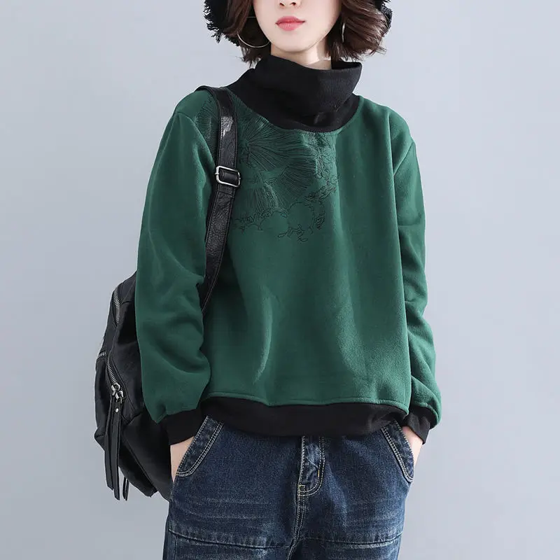 

Fashion Turtleneck Spliced Loose Embroidery Blouses Women's Clothing 2023 Winter Oversized Casual Pullovers Commuter Shirts