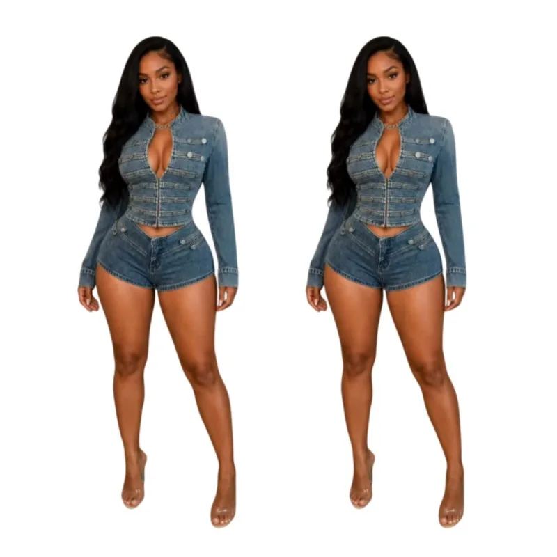 Denim Shorts Suit Women Washed Jacket Culottes 2 Piece Sets Vintage Streetwear Outfits Coat Jeans Short Pant Short Ensemble 2026