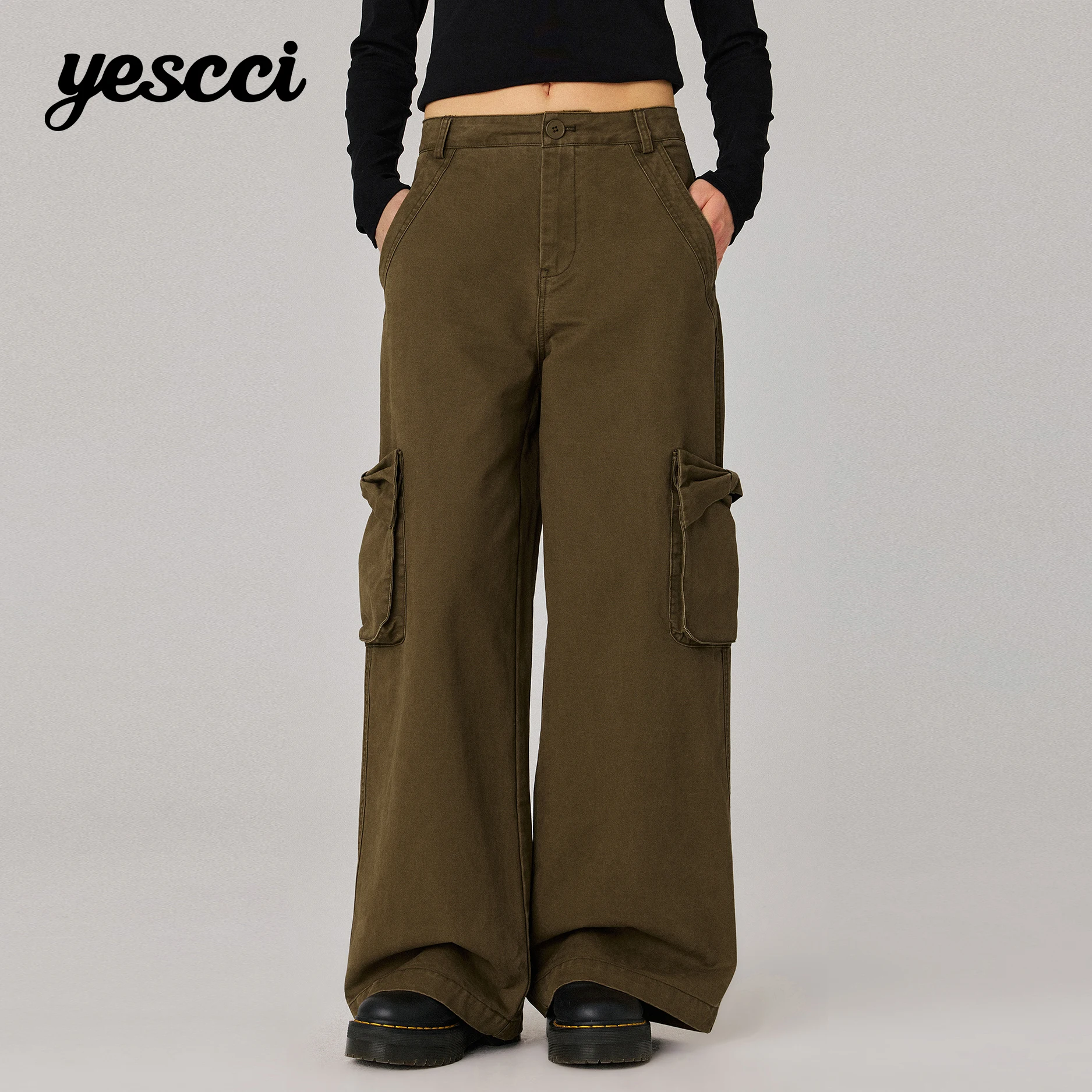 YESCCI Women's Pants Autumn New Vintage Wide Leg Cargo Trousers Mid Rise Loose 3D Bow Pockets Cotton Pants For Woman Y716081019