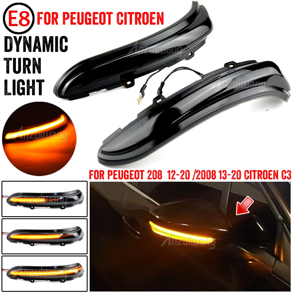 For Peugeot 208 2008 For Citroen C3 C4 2PCS Dynamic LED Side Mirror Blinker Lights Sequential Turn Signal Indicator Lamps