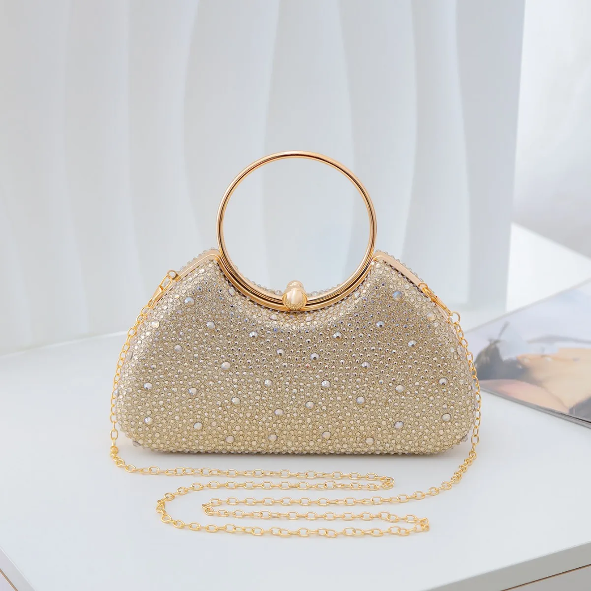 High fashion new full diamond handbag banquet bag dress bag high value gold shiny dinner shoulder women's bag