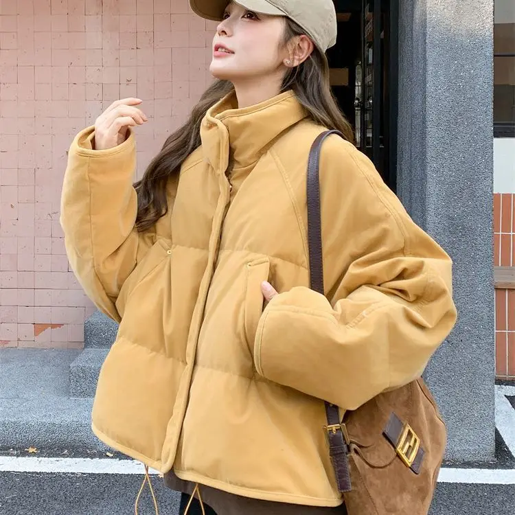 Gola curta para baixo jaqueta acolchoada de algodão 2025 inverno zíper estilo viajante cor sólida casaco feminino acolchoado de algodão