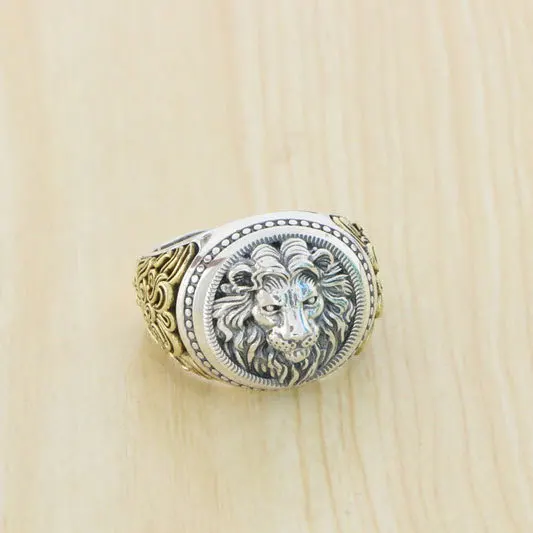 Handsome European and American S925 Silver Vintage Dominant Lion King Ring Male Sterling Silver Cross Male Lion Head Opening Adj