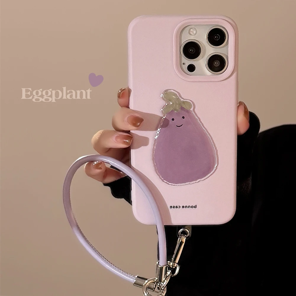 3D Cute Cartoon Litchi Pattern With Lanyar Phone Case For iPhone 16 15 14 13 12 Pro Max Korean Lovely Shockproof Soft Cover