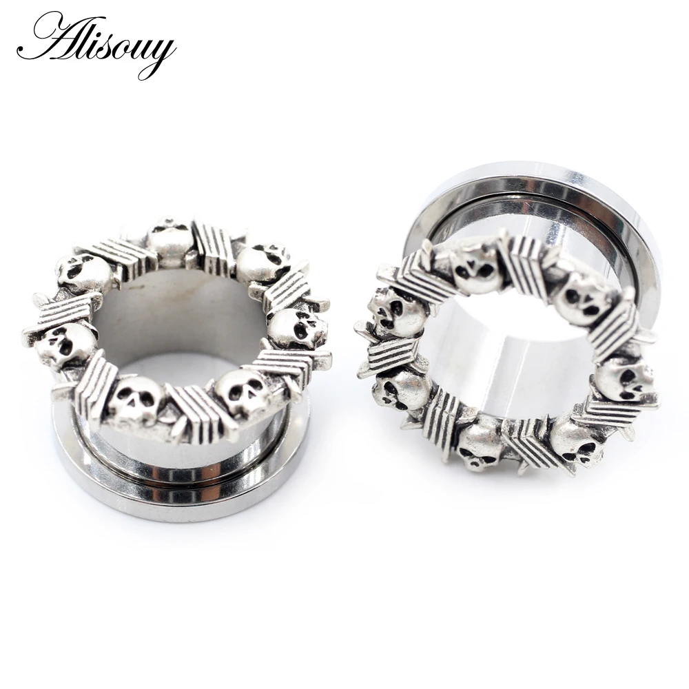 Alisouy 1PC Stainless Steel Skull Skeleton Thread Ear Gauges Tunnels Plugs Expander Stretcher Earrings Piercing Body Jewelry