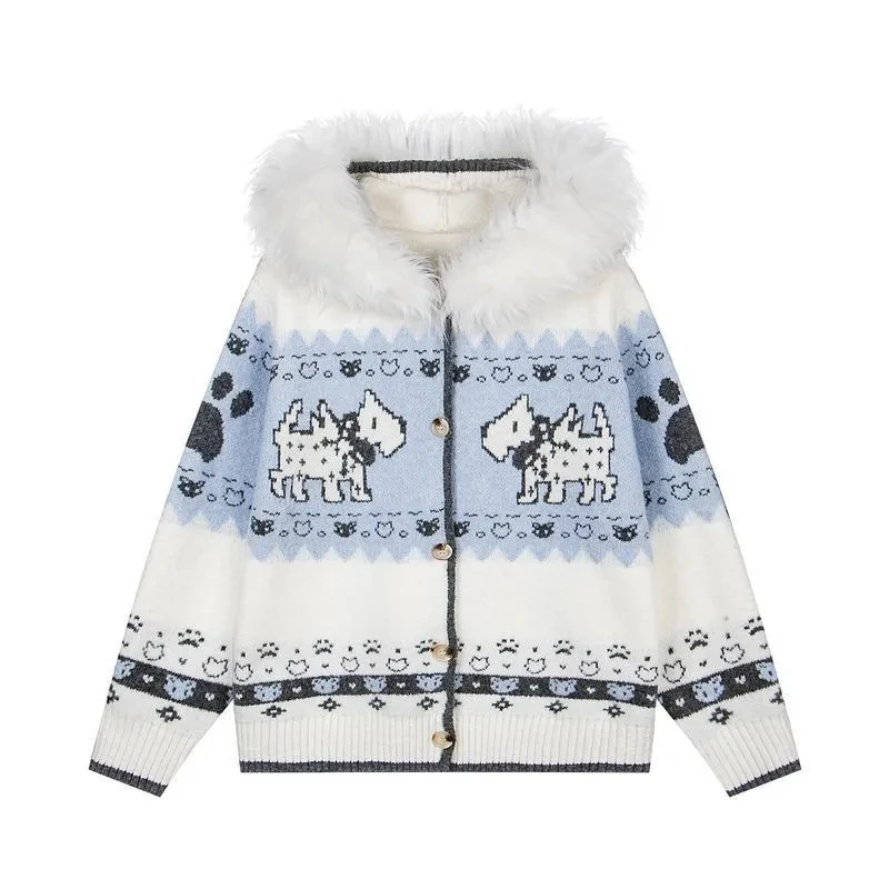 Harajuku Sweet Cute Pattern Jacquard Fur Collar Oversized Sweaters Women Fashion Winter Warm Lazy Style Knitted Cardigan Sweater