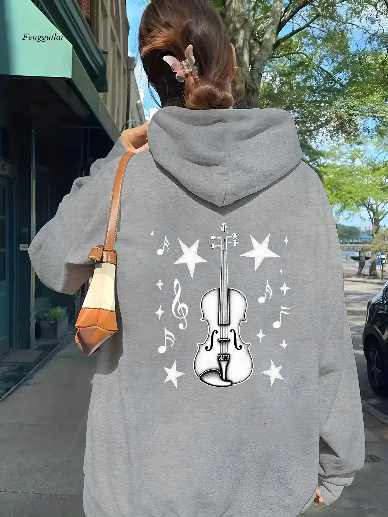 Black Hoodie with Violin, Stars & Music Notes Design - Cozy Fall/Winter Casual Sweatshirt, Machine Washable
