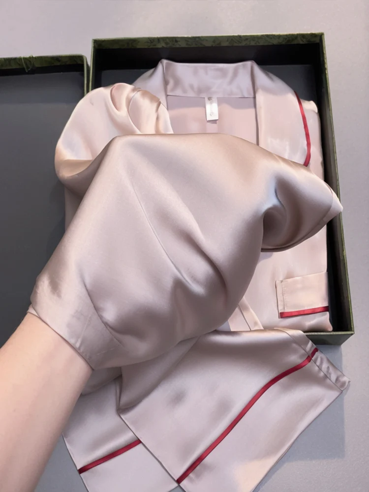 

Новый шелк шелковицы: легкая роскошная простая пижама, короткие рукава, брюки, комплект домашней одежды, сплошной цвет