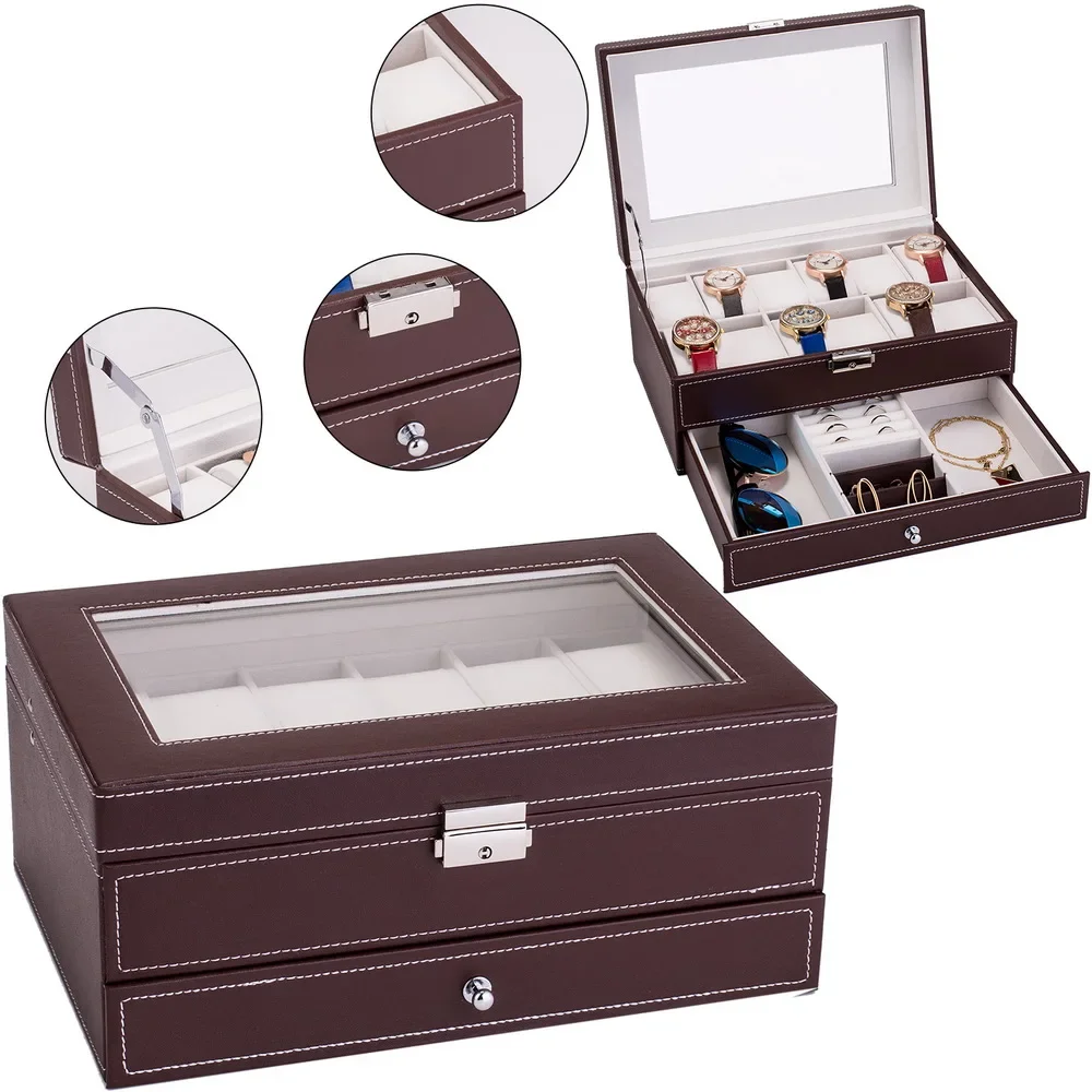 

12 Slots Watch Box Men Jewelry Display Case Organizer 2 Tier Lockable with Real Glass Top Faux Leather Brown/Black