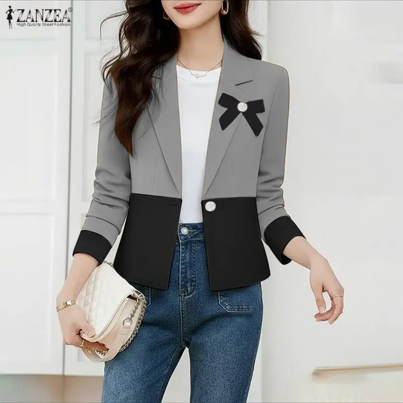 

Женский элегантный блейзер ZANZEA с бантом, отложным воротником, длинными рукавами, на одной пуговице, с цветовыми блоками, тонкий весенний пиджак для женщин