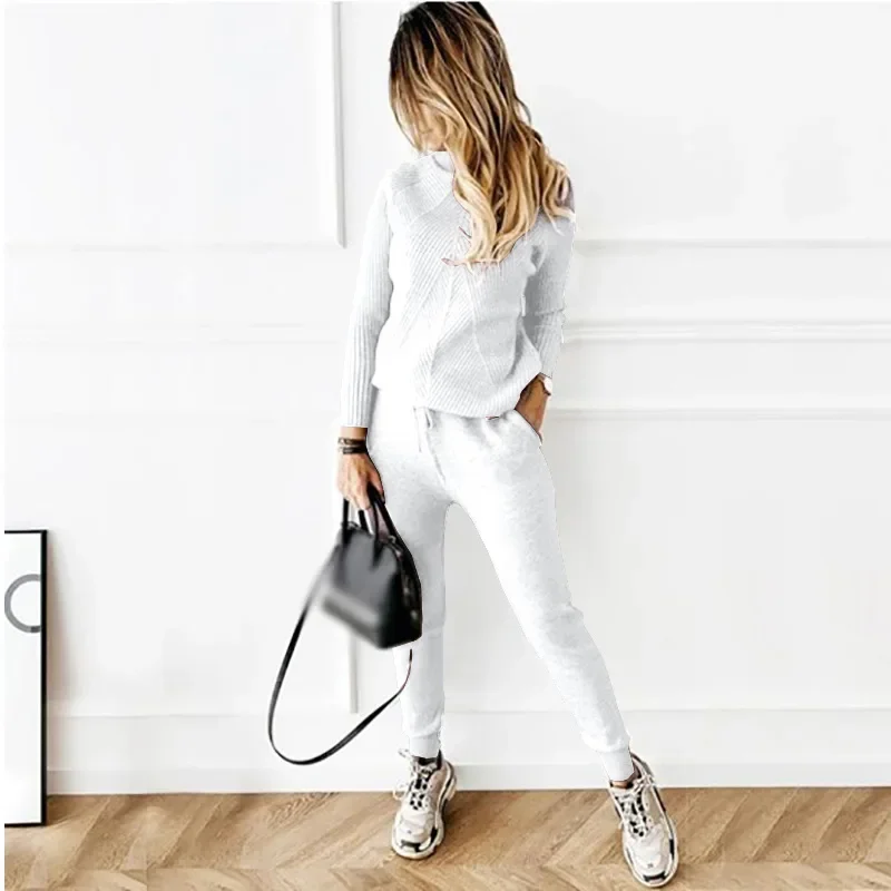 Two Piece Sets Womens Outifits Autumn/Winter New High Collar Solid Color Fashion Casual Top Pants Sweater Set for Women