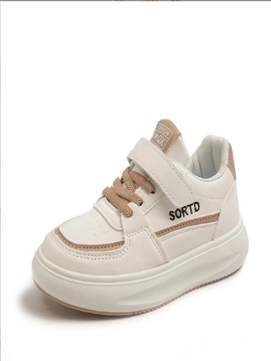 2024 Autumn New Leather Splice Children's Casual Shoes Boys' Fashion Board Shoes Girls' Little White Shoes Black Khaki Pink