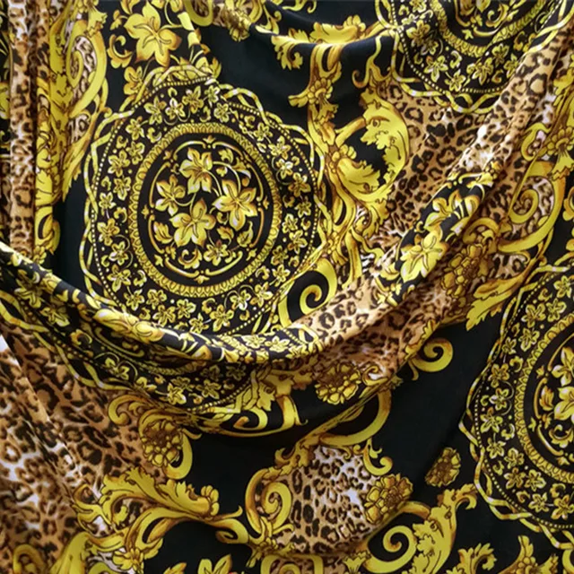 Dobrej jakości, żółta tkanina w panterkę, dzianina bawełna/spandex, jedwab lodowy, elastyczna w 4 stronach, DIY, materiał do szycia, sukienka do tańca, afrykańska tkanina w kwiaty.