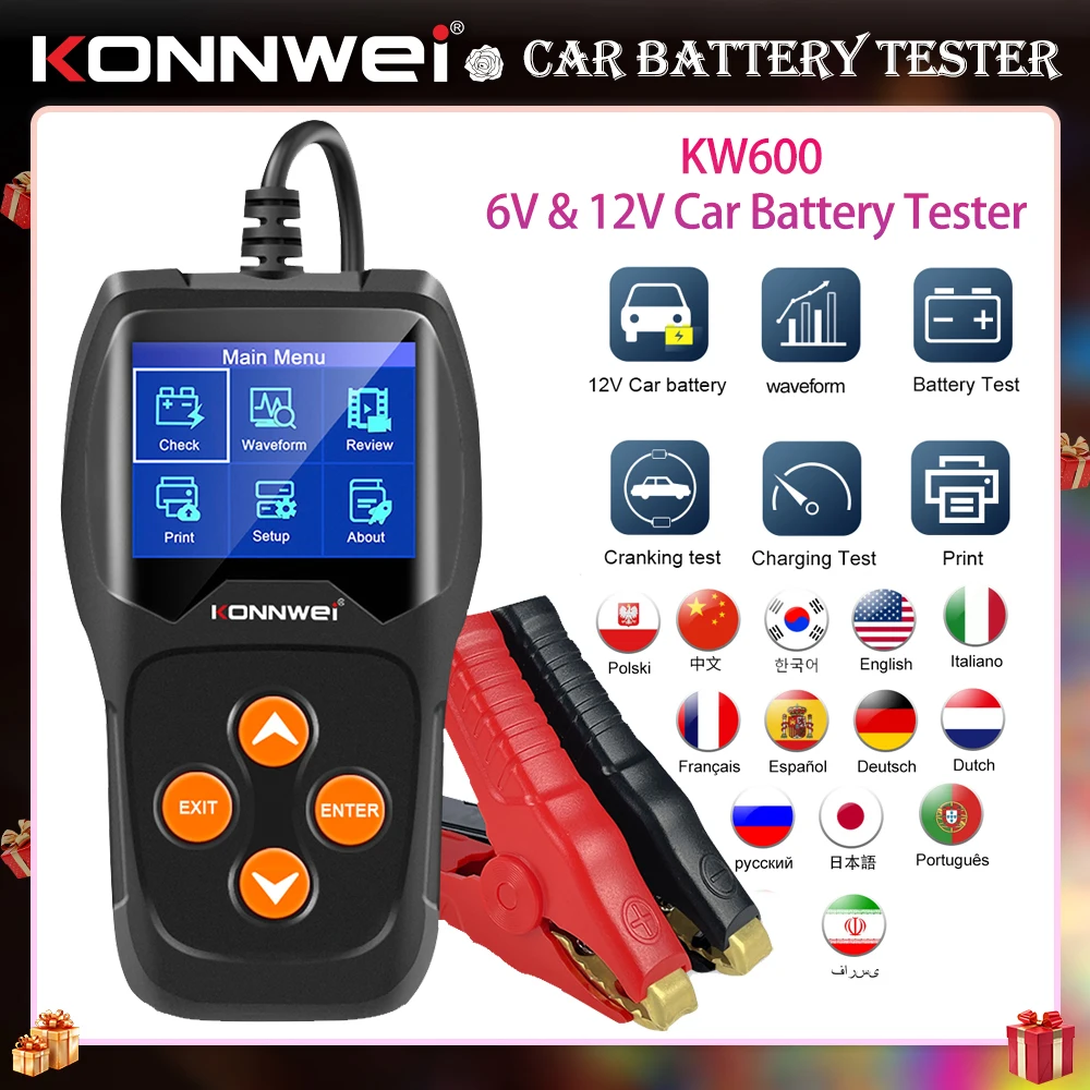 KONNWEi 12V Autobatterietester unterstützt Online-System-Upgrades, Druckenfehlerdaten, Batteriestatusanzeige, Autobatterie-Scannen-Tool