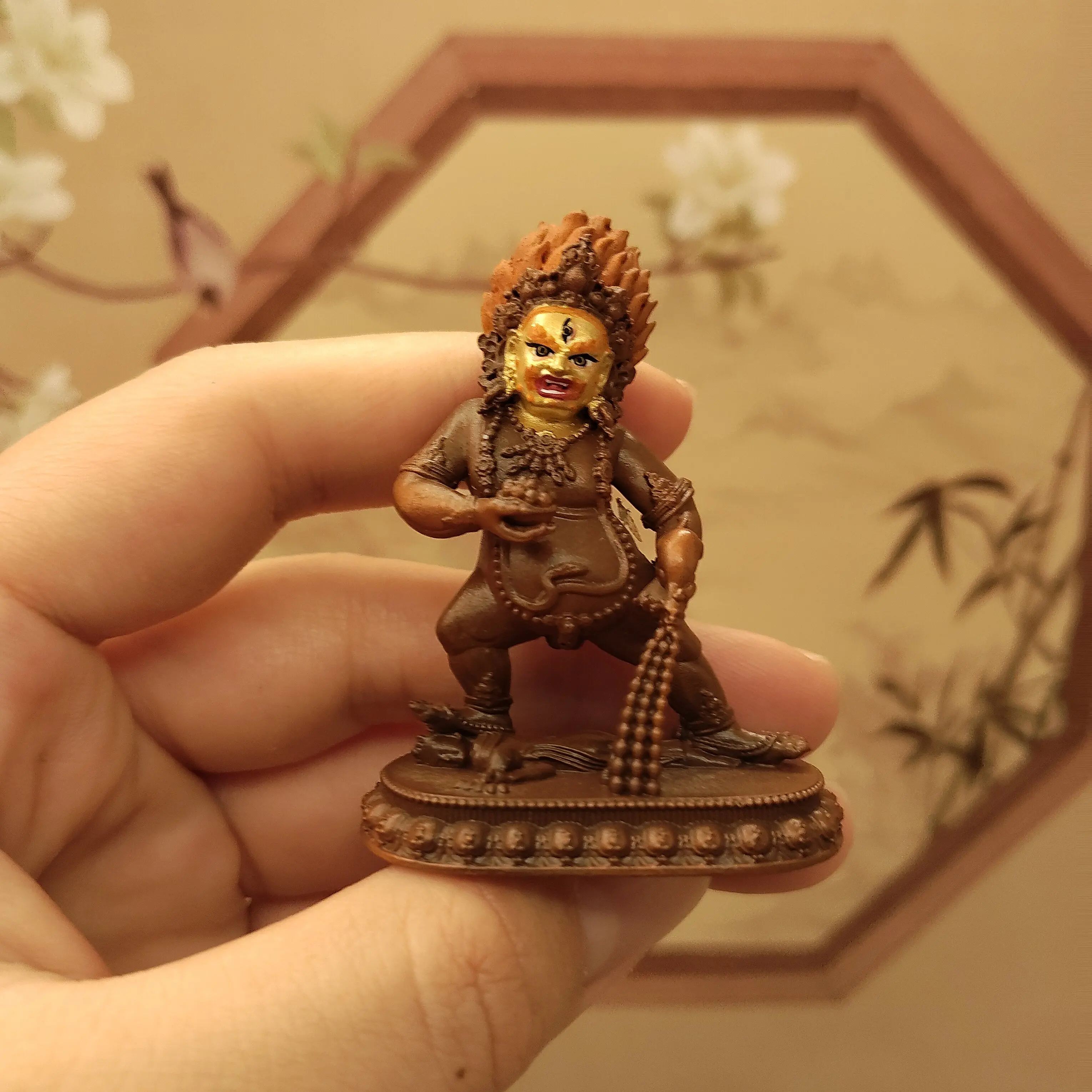 Tibetan Ethnic Antique Copper Painted Face Black Jambhala Wealth Deity Statue 5cm Home Altar Car Blessing