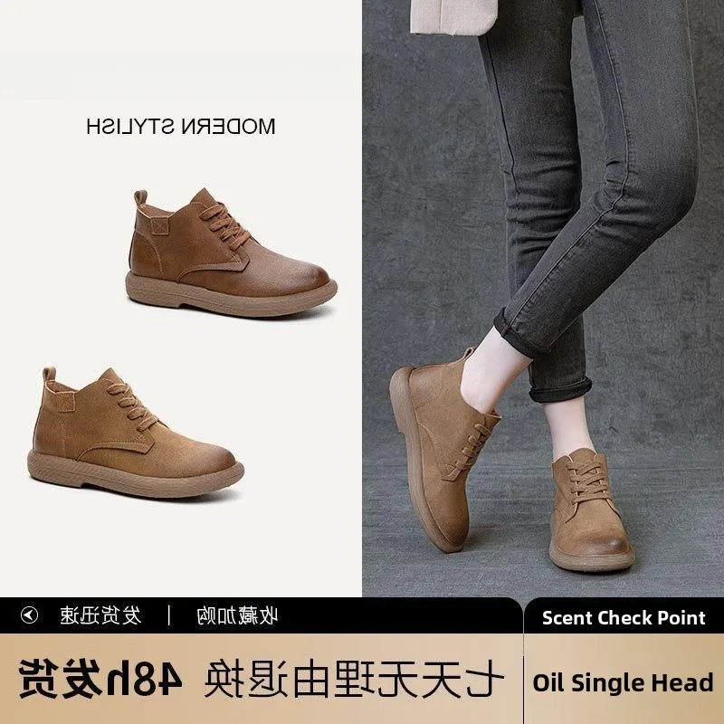 

Pure Color Boots Real Leather Chunky Heel Retro Casual Short Boots Versatile Boot Korean Style Low Tube Winter Suitable