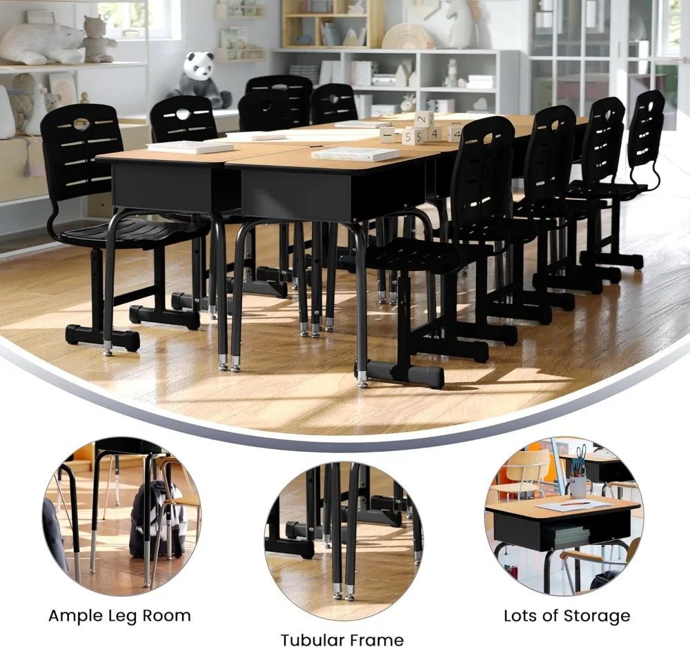 Height Adjustable Student Desk with Metal Book Box, Open Front Design for Classroom or Home Learning, Natural/Black