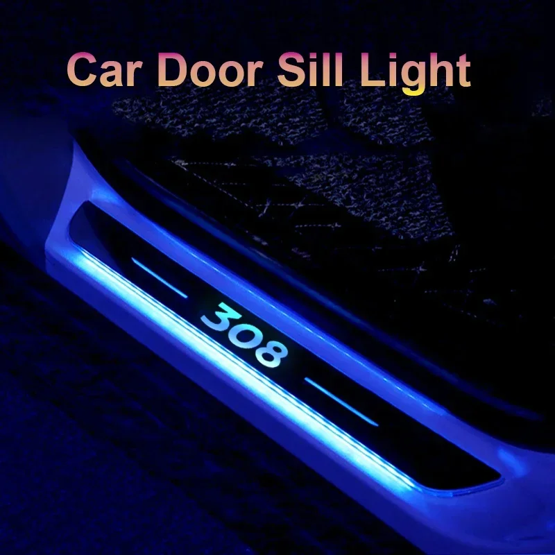 For Peugeot 308 Logo Acrylic Mirror USB Moving LED Car Welcome Pedal Scuff Plate Door Sill Pathway Light