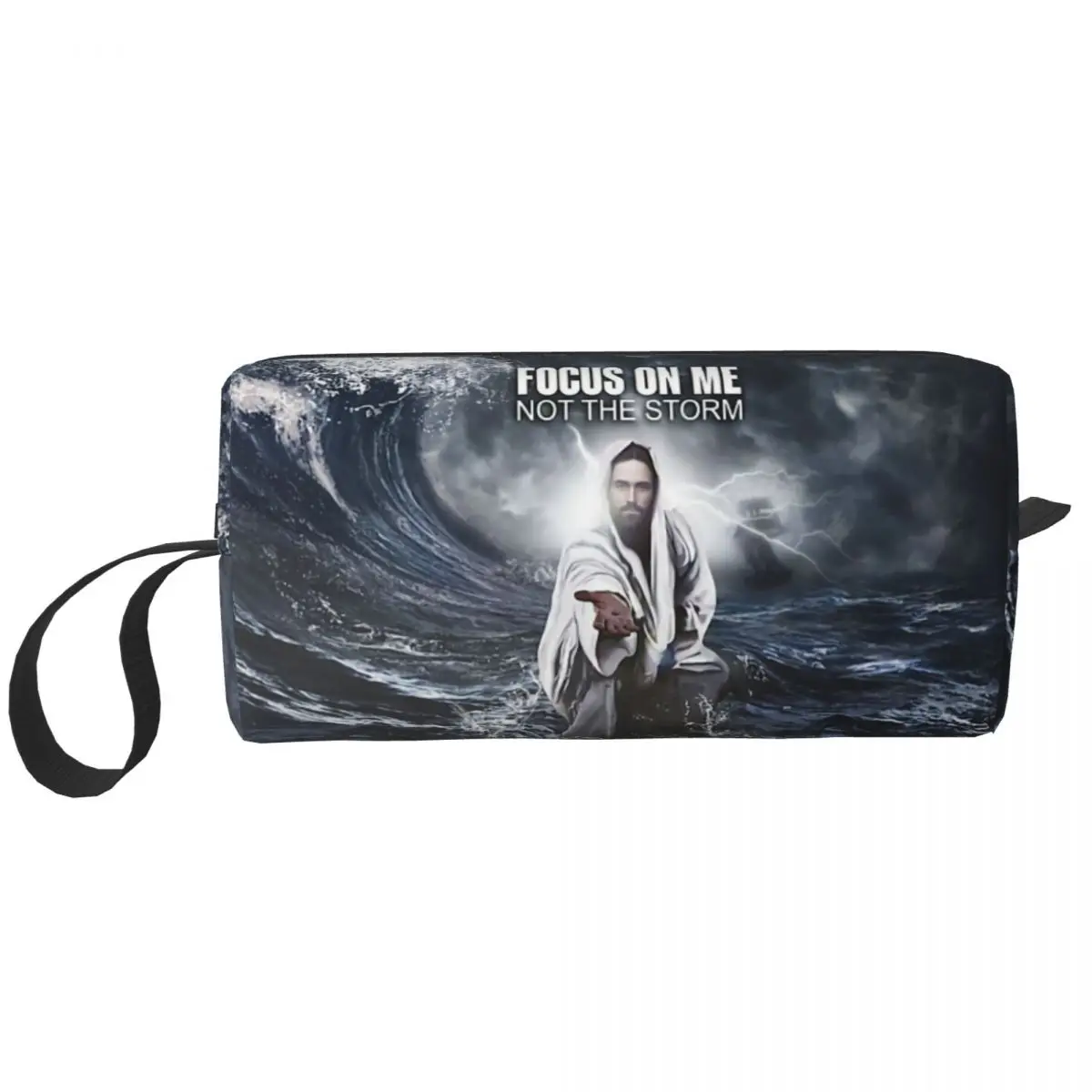 Custom Christian Jesus Toiletry Bag Focus On Me Not The Storms Cosmetic Makeup Organizer Ladies Beauty Storage Dopp Kit Box