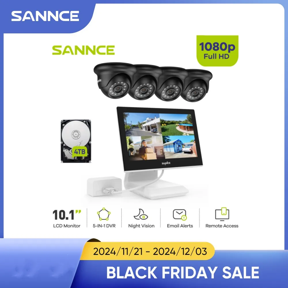 SANNNCE LCD 비디오 카메라 감시 키트, IR 야간 투시경, 방수 원격 모니터 시스템, 4CH DVR, 1080P 보안 카메라, 10.1 인치