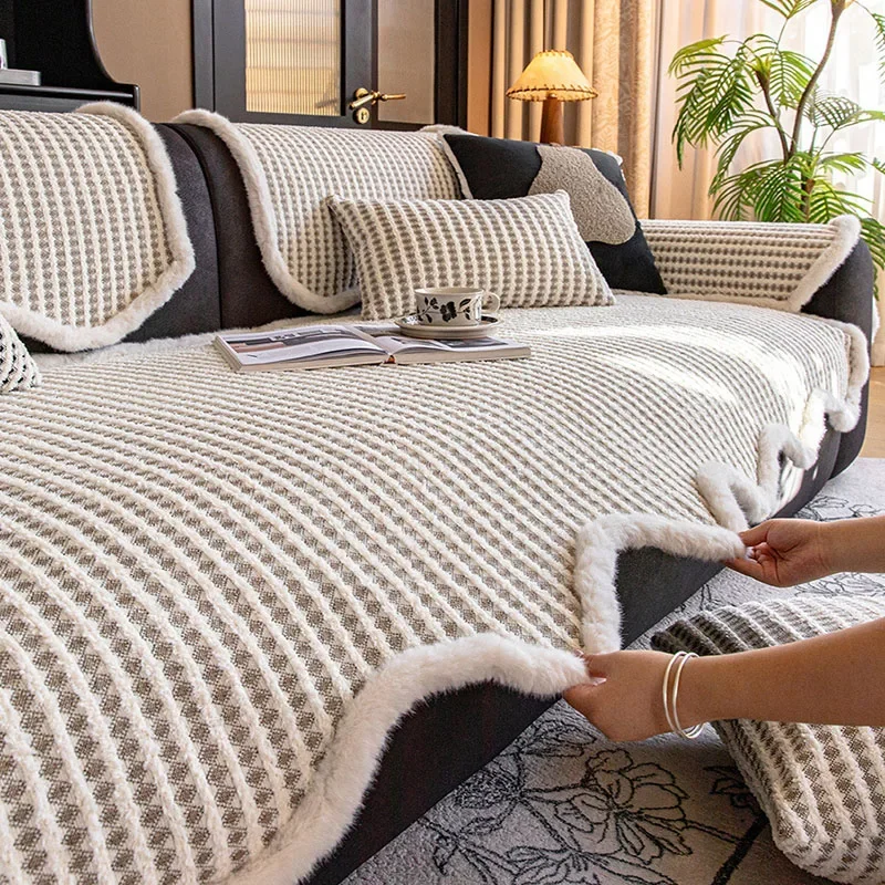 French Irregular Plaid Plush Sofa Cushion New Four Seasons Non-Slip Couch Cushion for Home Pet Friendly Anti-Scratch Sofa Pad