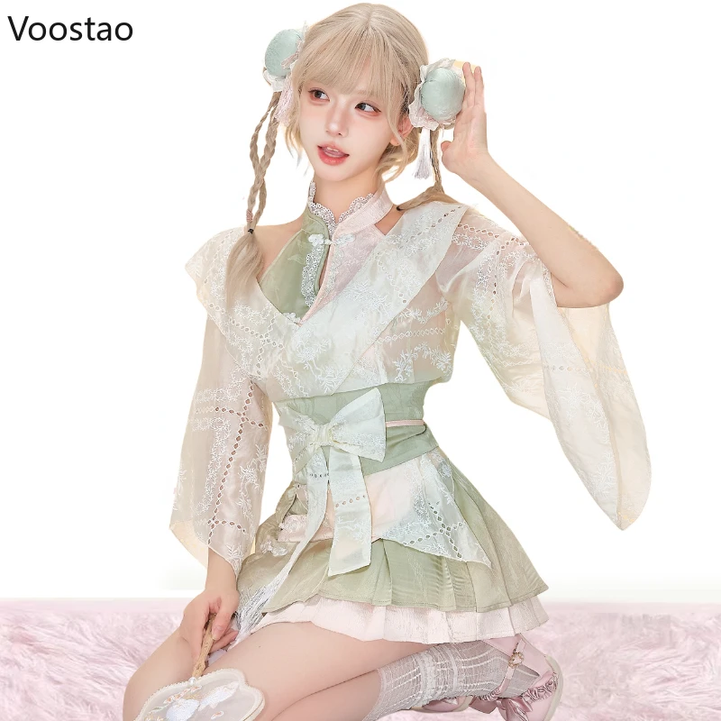 New Chinese Style Lolita 3 Piece Sets Women Elegant Bow Cropped Coat Tops Lace Ruffles Pleated Skirt Suit Female Sweet Outfits