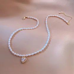 Romantic Love Heart Shiny Cubic Zirconia Natural Freshwater Pearl 14K Gold Filled Female Pendant Necklace Jewelry Chains Gifts