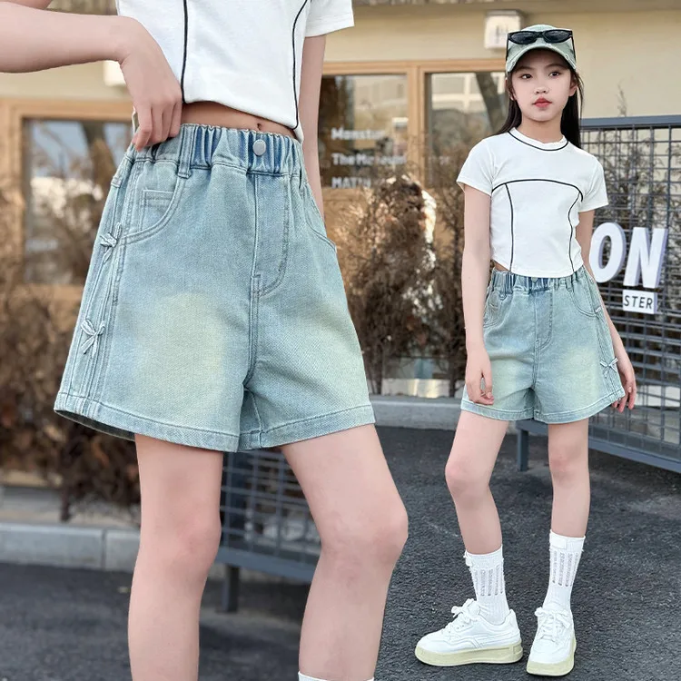 Shorts Jeans Femininos Infantis com Laço e Ondas, Finos, Nova Moda 2026, Hot Pants Jeans Casuais Esportivos, Adequados para Meninas de 5 a 15 Anos
