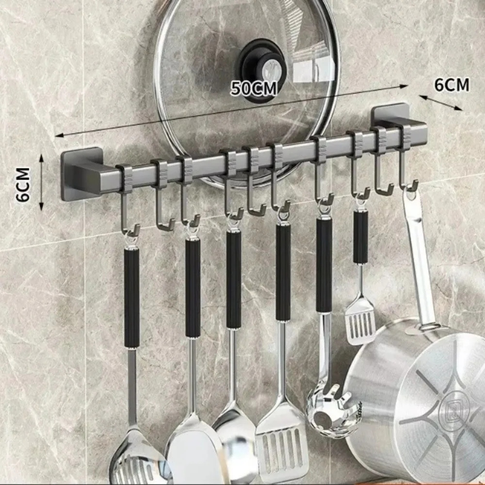 

New Wall Mounted Kitchen Hook Stainless Steel Multifunctional Storage Rack No Drilling Adjustable Storage Shelf Pot Spoon Holder