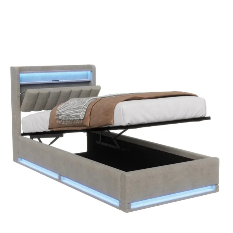 Polsterbett 90 x 200 cm mit LED, Stauraumbett 140 x 200 cm mit Bettkasten und Lattenrost, Doppelbett mit Stauraum im Kopfteil und hydraulischem Stauraum, Jugendbettgestell, Samt, Grau