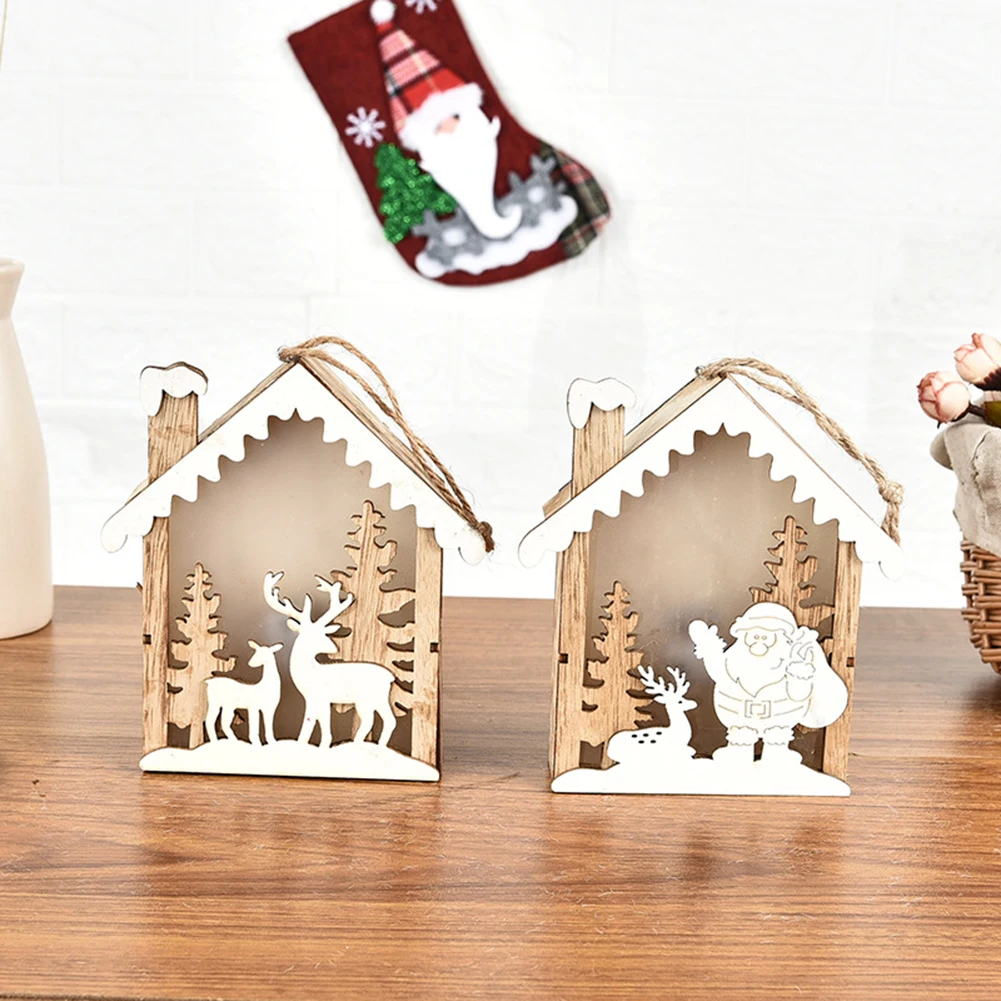 Christmas Decorative Night Light Wooden House Santa Elk Fairy Lamp Table Lamp Bedside Christmas Ornament for Home Gift for Kids