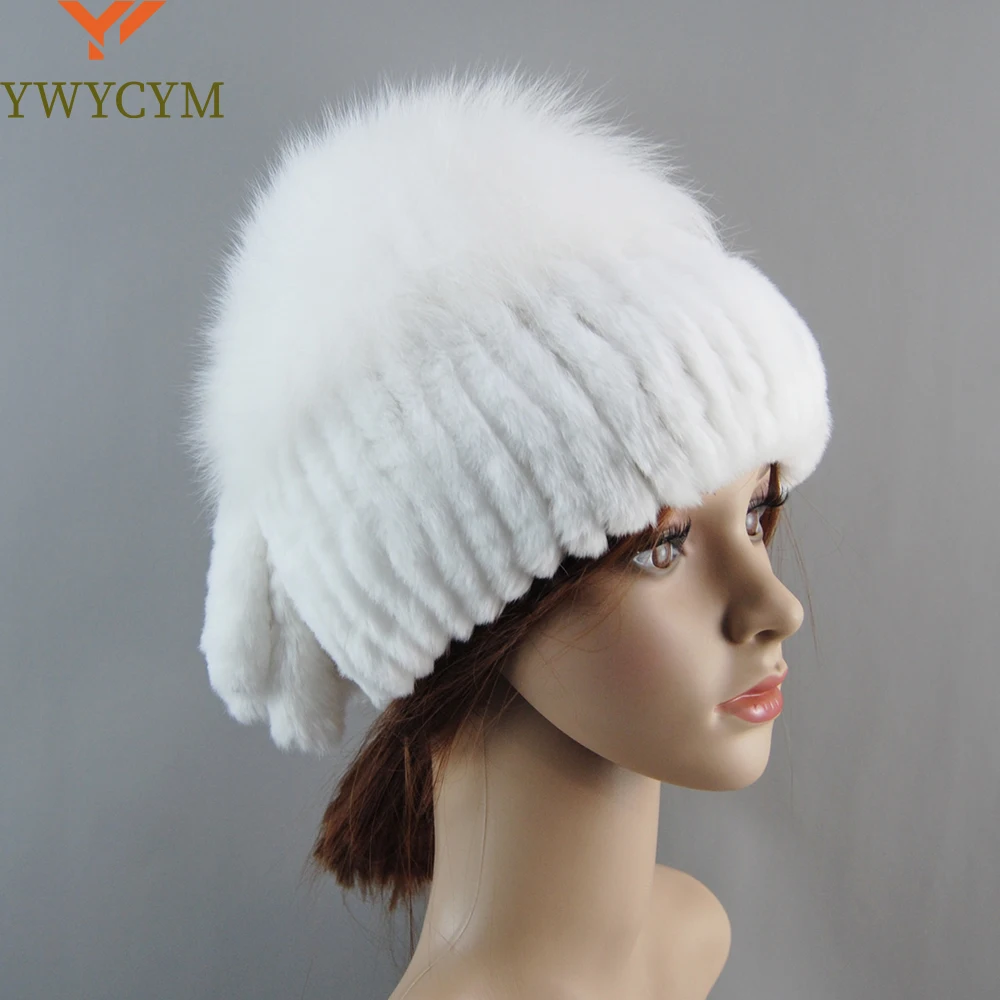 

Russian Winter Fur Hat Ladies Style Real Rex Rabbit Fur Hat Knitted Rabbit Fur And Fox Fur Ski Hat Women Warm Winter Beanies Cap