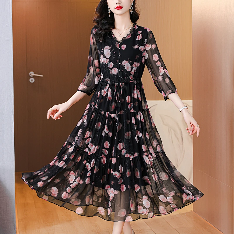 2024 Women Boho Beach Floral Silk Vestidos Summer Korean Vacation Casual Fashion Elegant Maxi Dress New Luxury Dance Party Dress