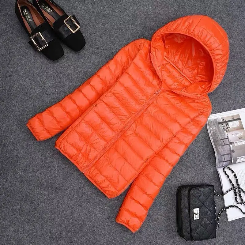 Lekka damska kurtka puchowa na jesień i zimę, dopasowany krój, płaszcz z kapturem, plus size, cienka odzież wierzchnia, na okres poza sezonem.