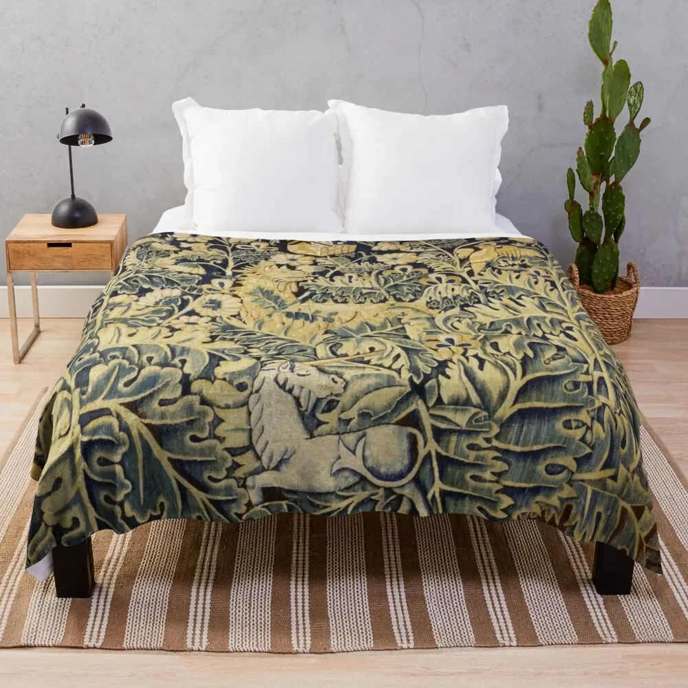 

UNICORN, DRAGON ,BIRDS,ANIMALS AMONG CABBAGE LEAVES ANTIQUE GREEN FLORAL TAPESTRY Throw Blanket Soft halloween Thin Blankets