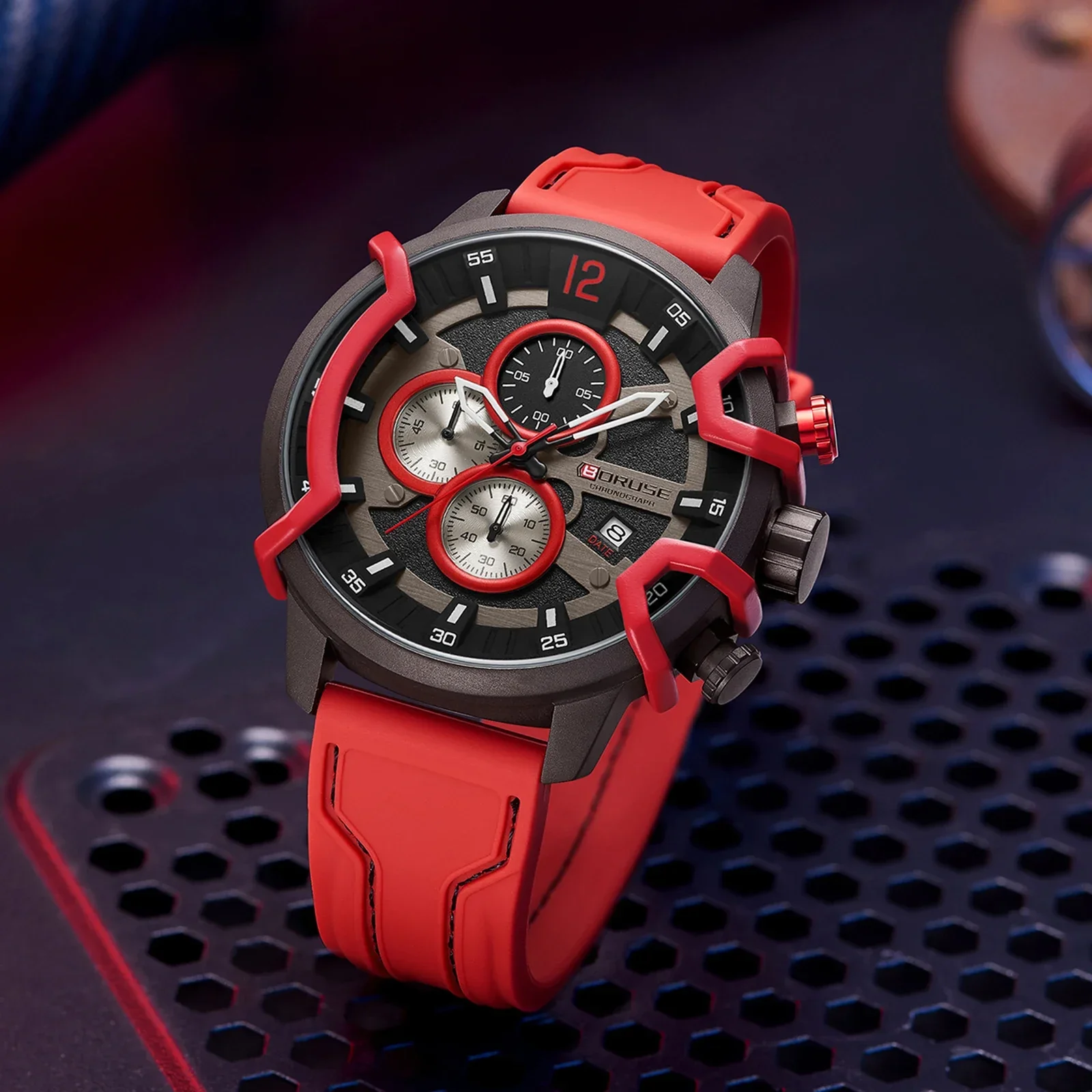 BORUSE ساعة رجالية 2 قطعة/المجموعة رجال الأعمال ساعة كوارتز قلادة مجموعة جولة الهاتفي سيليكون حزام أحمر هدية مثالية للرجال