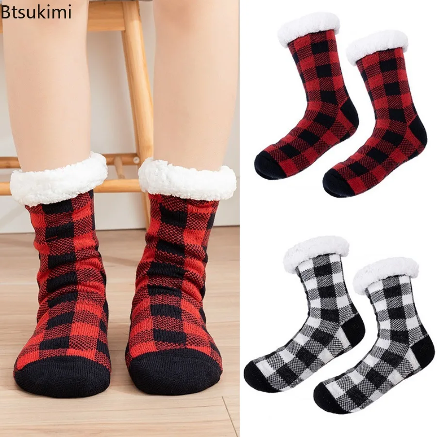 

2025 Chessboard Pattern Plush Floor Socks for Women Adult's Indoor Plush Thickened Warm Sleeping Socks Anti Slip Slippers Socks