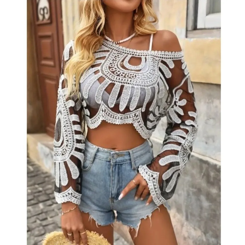 Halbtransparentes Cover-Up mit Blumenstickerei für Damen, langärmelig, Rundhalsausschnitt, Boho-Spitzenoberteil für Damen, durchsichtiges Strand-Coverup für den Außenbereich