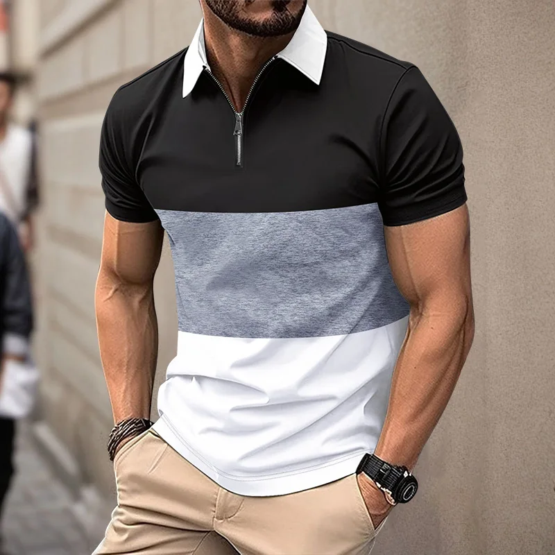 Polo de manga corta de verano para hombre, polo con estampado digital a rayas 3D, camisa informal de negocios con solapa y cremallera, top con