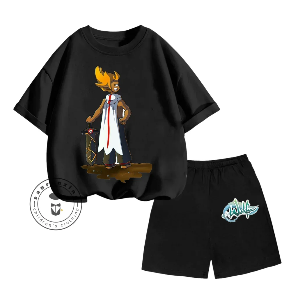 Summer Kids Fashion Two-piece Set Wakfu Animated Cartoon Character Print Design O-neck Short Sleeves and Hip Hop Style Shorts