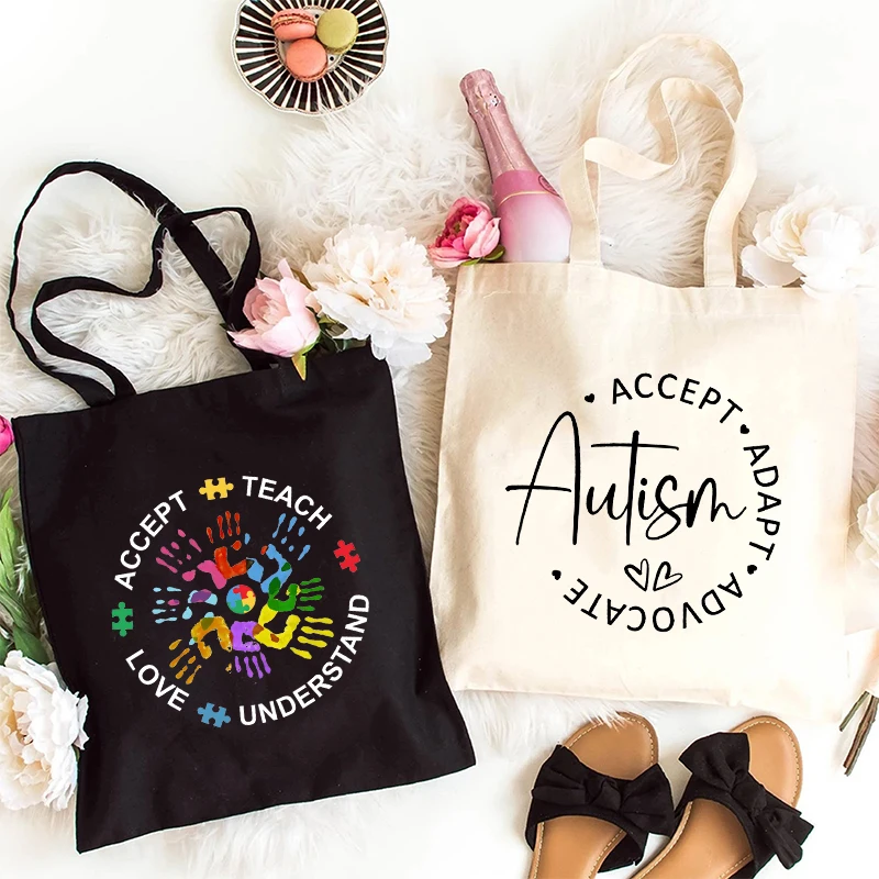 Autism Awareness Women's Shoulder Shopping Bag Teach Accept Understand Love Reusable Neurodivergent Autism Canvas Tote Bags