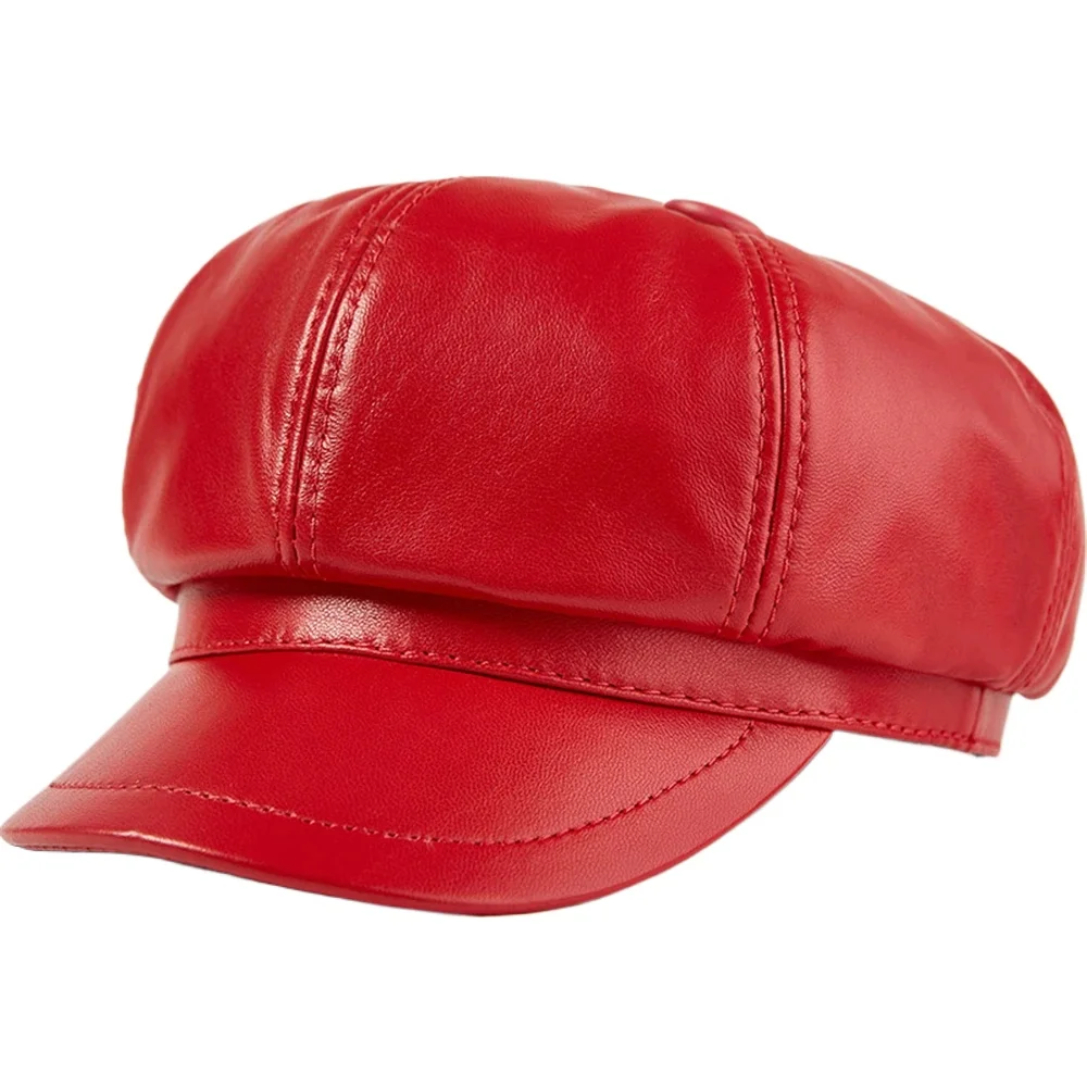 

Red Cap Woman Genuine Leather Hats Newsboy Cap Real Leather Soft Sheepskin Beret Autumn Winter Black Baker Boy Cap Beige New