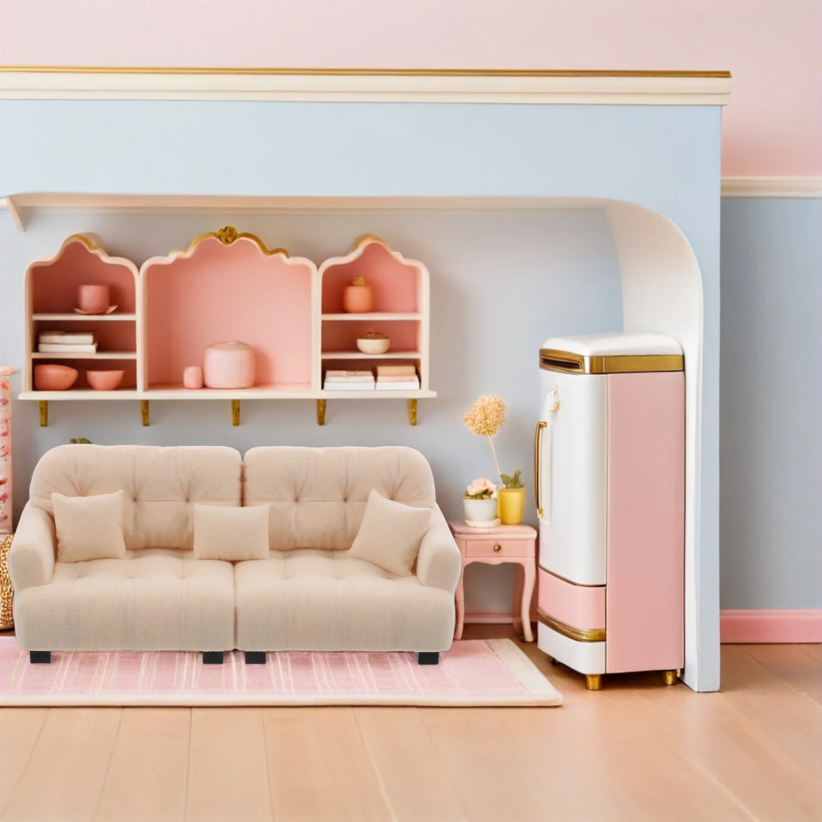 Miniatur-Sofa, cremig, 1:25, moderne kleine Möbel, Puppenhaus-Sofa, Wohnzimmer-Accessoires, Möbel, Puppenhaus-Dekoration