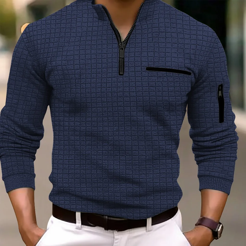 

Stylish Solid Color Men's Zipper Checkered Long-sleeved POLO Shirts Spring and Autumn Outdoor Sports Leisure Daily Lapel Tops