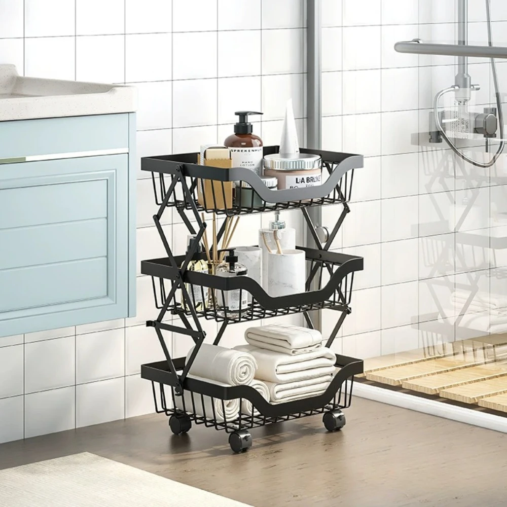 Bathroom Storage Rack Vegetable Storage Basket Foldable Metal Storage Rack Wheeled Mobile Rack Kitchen Drain Home Accessories