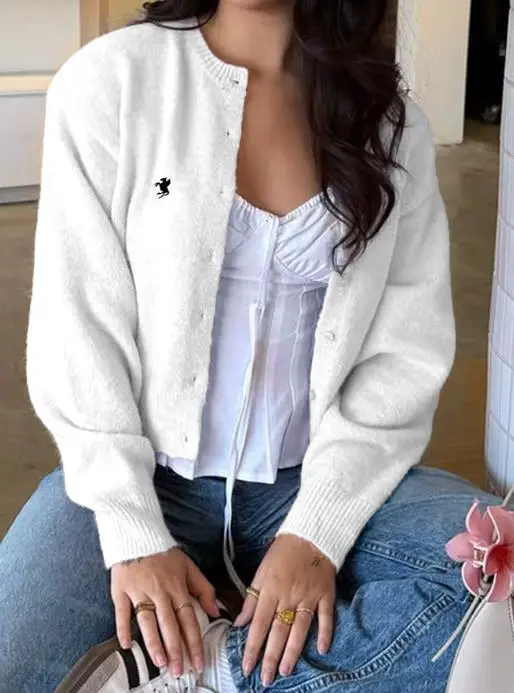 

Casual Commuting Fashion Button Long Sleeved Sweater Winter Solid Color Round Neck Button Slim Fit Short Knitted Jacket