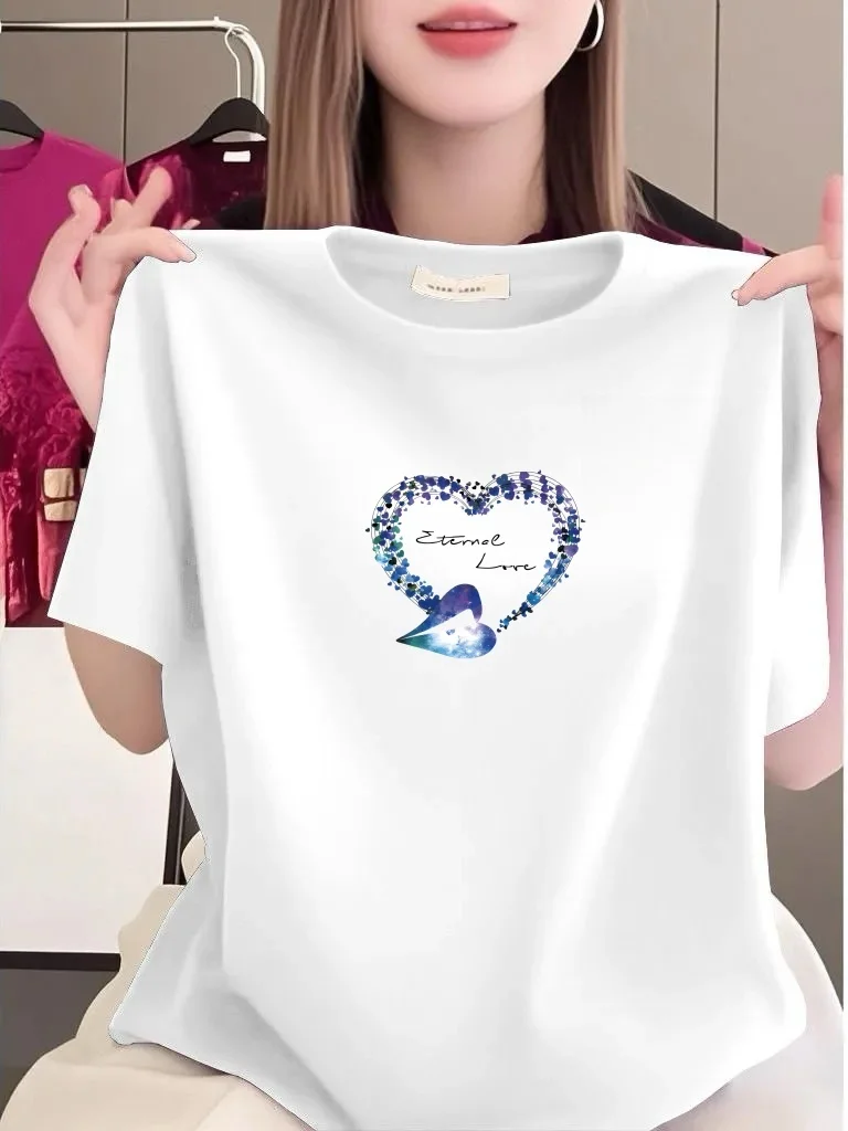 

High-End Short-Sleeve Heart Print T-Shirt Women's Loose Slimming Summer Casual Mom's Clothes Comfortable Polyester Fiber